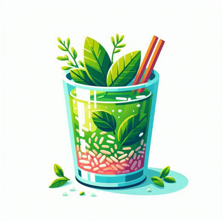 Cocktail in a glass with green leaves. Vector illustration.のイラスト素材