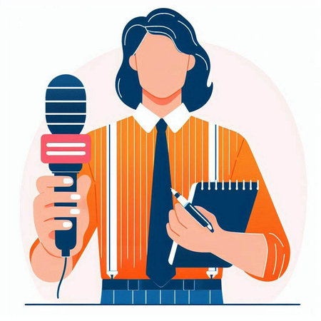 Journalist with microphone and pen. Journalist with microphone and pen. Journalist with microphone. Journalist with microphone. Journalist with microphone and pen. Journalist with microphone. Vector illustrationのイラスト素材