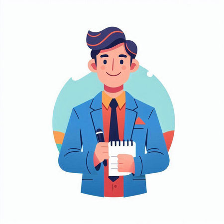 Male journalist with microphone and notepad in hand. Flat vector illustration.のイラスト素材