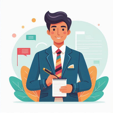 Businessman with notebook and pen. Vector illustration in flat style.のイラスト素材