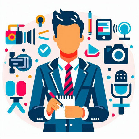 Vector illustration of a man writing in a notebook on the background of media iconsのイラスト素材