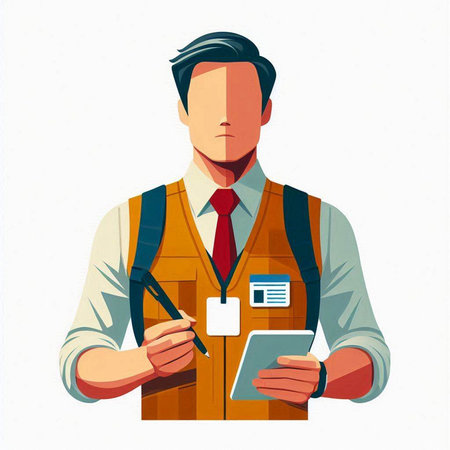 Vector illustration of a man in work clothes with a tablet in his hands.のイラスト素材