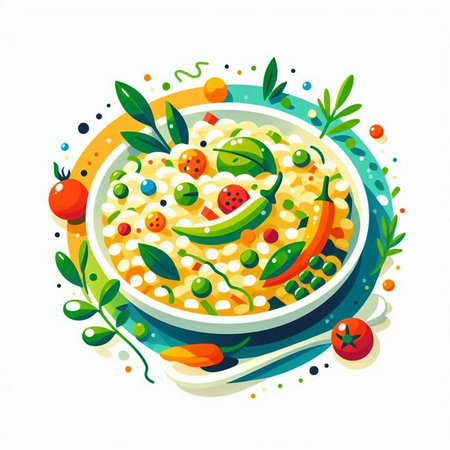 Porridge with vegetables and greens in a bowl. Vector illustration.のイラスト素材