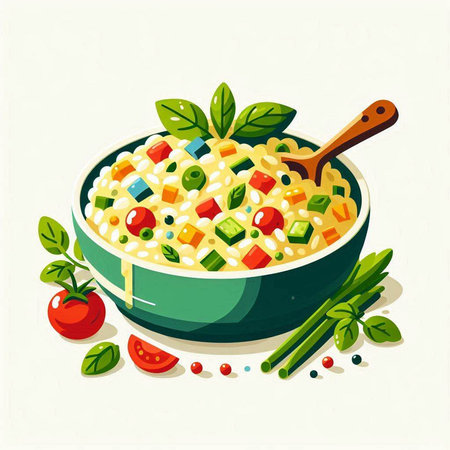 Vector illustration of a bowl of risotto with vegetables and herbs.のイラスト素材