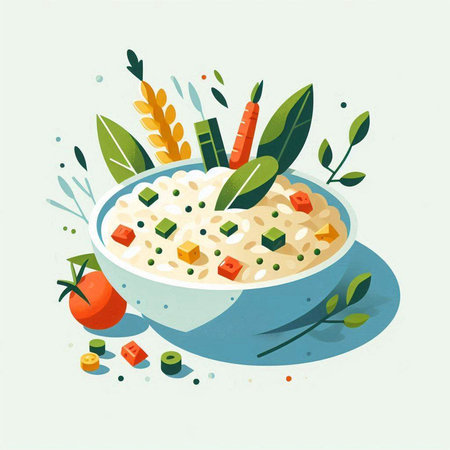 Illustration of a bowl of porridge with vegetables and herbs.のイラスト素材