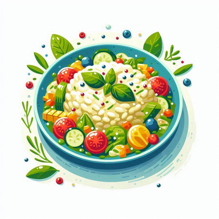 Illustration of a bowl of healthy rice with vegetables and herbs.のイラスト素材
