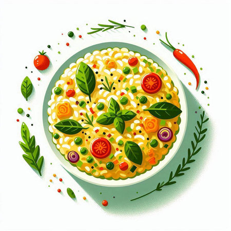 Vector illustration of a bowl of risotto with fresh vegetables and spicesのイラスト素材