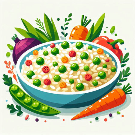 Rice porridge with vegetables in a bowl. Vector illustration.のイラスト素材