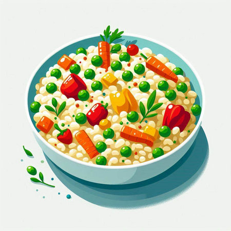 Vegetable porridge with peas and carrots in a bowl. Vector illustration.のイラスト素材