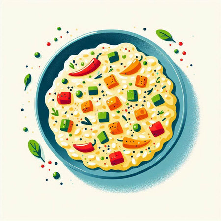 Oatmeal porridge with vegetables in a plate. Vector illustration.のイラスト素材