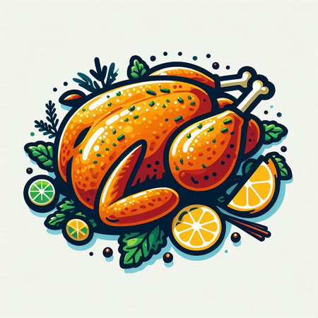 Vector illustration of roasted turkey with orange and herbs. Hand-drawn style.のイラスト素材