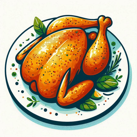 Roast chicken on a plate. Vector illustration in retro style.のイラスト素材