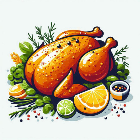 Illustration of roasted turkey with herbs and spices. Vector illustration.のイラスト素材