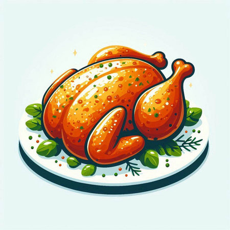 Illustration of a roasted turkey on a white plate. Vector illustrationのイラスト素材
