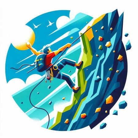 Rock climber on a climbing route. Vector illustration in retro style.のイラスト素材