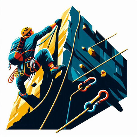 Rock climber climbing on a wall with a rope. Vector illustration.のイラスト素材