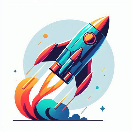 Rocket launch. Vector illustration of a rocket in space. Colorful rocket icon.のイラスト素材