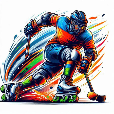 Hockey player with a stick and puck. Colorful vector illustration.のイラスト素材