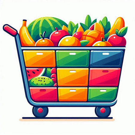 Cart with fruits and vegetables. Vector illustration of a shopping cart.のイラスト素材