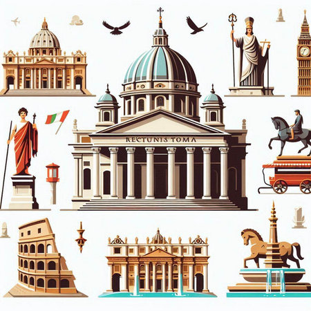 Big collection of famous monuments and buildings in Europe. Vector illustration.のイラスト素材