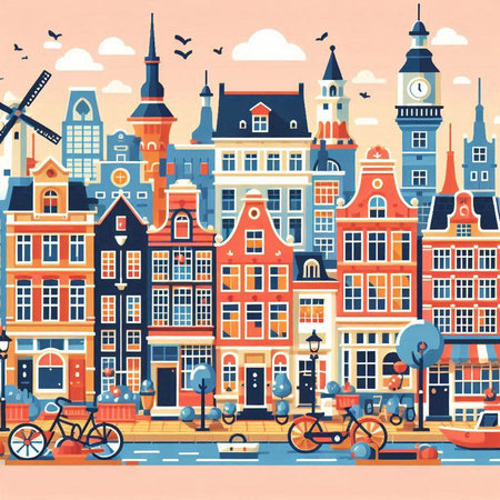 Amsterdam cityscape. Colorful vector illustration in flat style.のイラスト素材