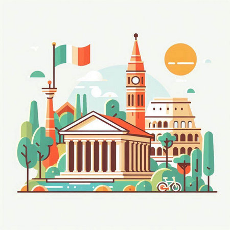 Vector illustration of Rome cityscape in flat style with famous monuments and landmarksのイラスト素材