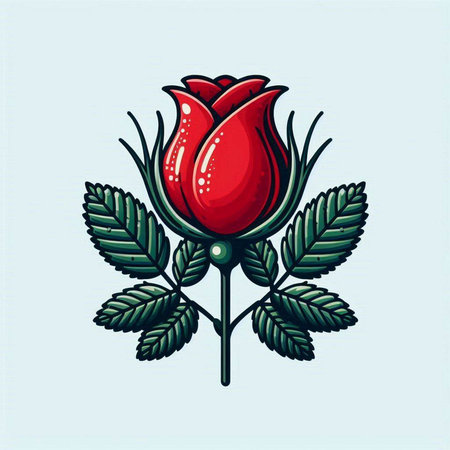 Red rose with green leaves isolated on blue background. Vector illustration.のイラスト素材