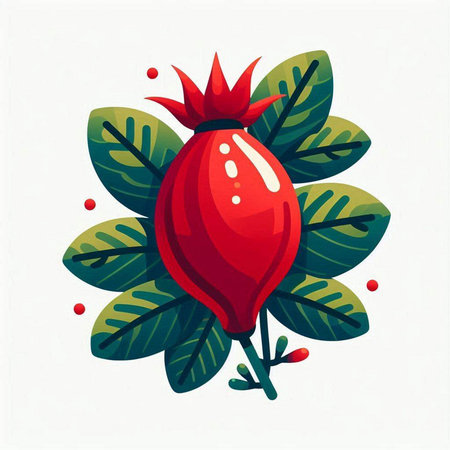 Ripe rosehip fruit with green leaves on white background. Vector illustration.のイラスト素材