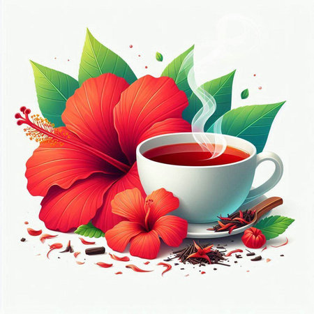 Red Hibiscus tea with leaves and flowers, vector illustration.のイラスト素材