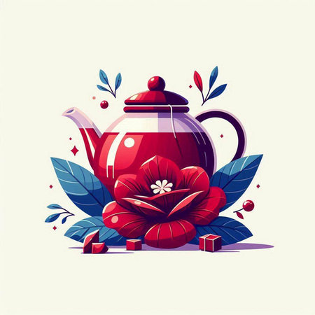 Vector illustration of a red teapot with a flower and leavesのイラスト素材