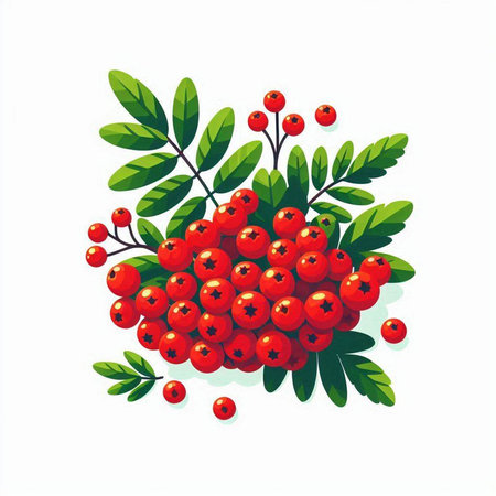 Bunch of rowan berries with green leaves. Vector illustration.のイラスト素材