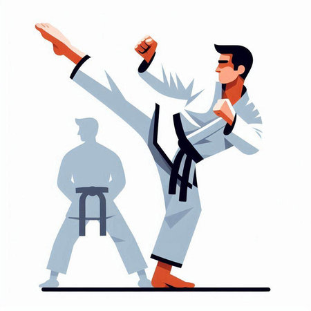 Martial arts training, karate or taekwondo. Man in kimono and gloves practicing martial arts, vector illustrationのイラスト素材