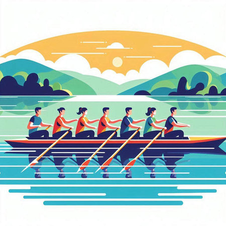 Group of people rowing on the lake. Vector illustration in flat styleのイラスト素材