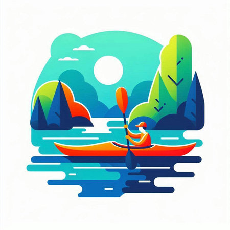 Kayaking on the river. Vector illustration in flat design style.のイラスト素材