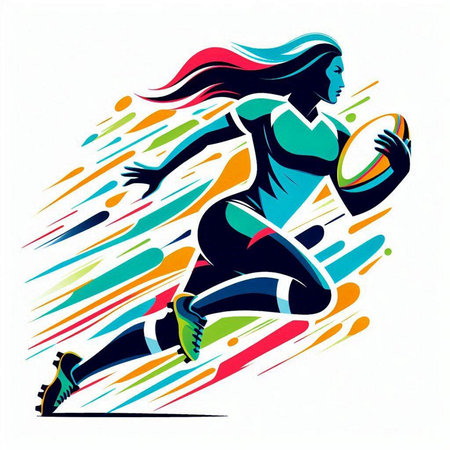 Female rugby player with ball. Sport vector illustration. Abstract background.のイラスト素材