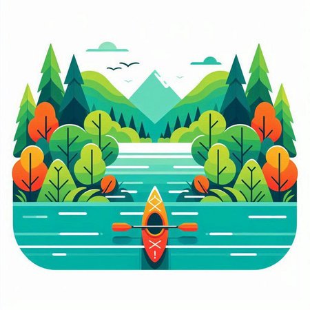 Kayak on the river in the forest. Vector illustration in flat styleのイラスト素材