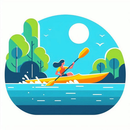 Woman paddling a kayak on the river. Flat vector illustration.のイラスト素材