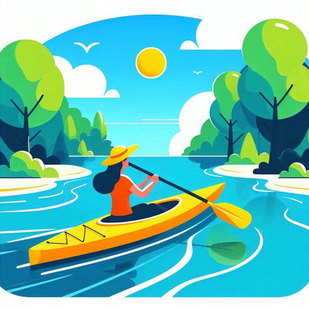 Girl in a kayak on the river. Vector illustration in flat styleのイラスト素材