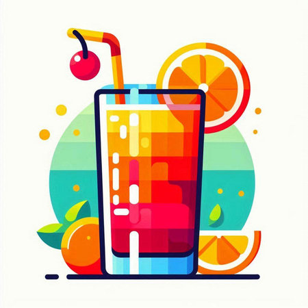 Cocktail with orange and cherry on colorful background. Vector illustration.のイラスト素材