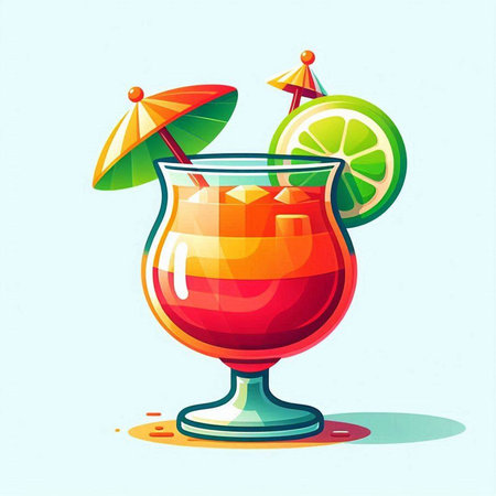 Cocktail with lime and umbrella. Vector illustration in cartoon styleのイラスト素材
