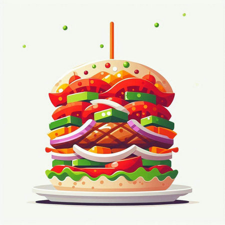 Hamburger with fresh vegetables. Vector illustration in flat style.のイラスト素材