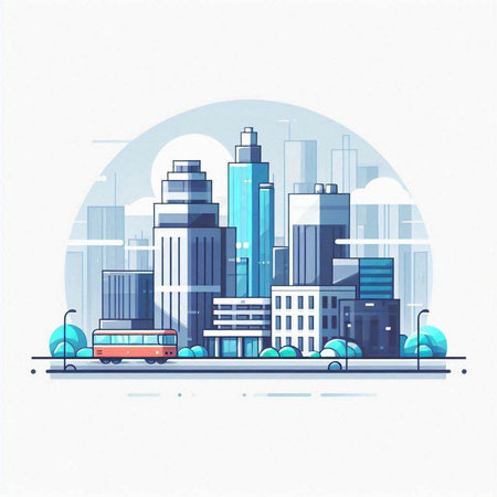 Modern cityscape with skyscrapers and bus. Vector illustration.のイラスト素材
