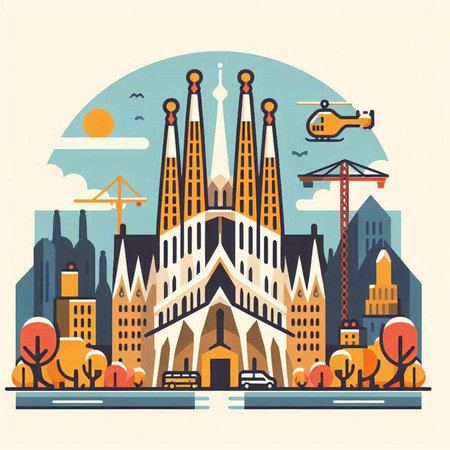 Barcelona skyline with famous landmarks.のイラスト素材