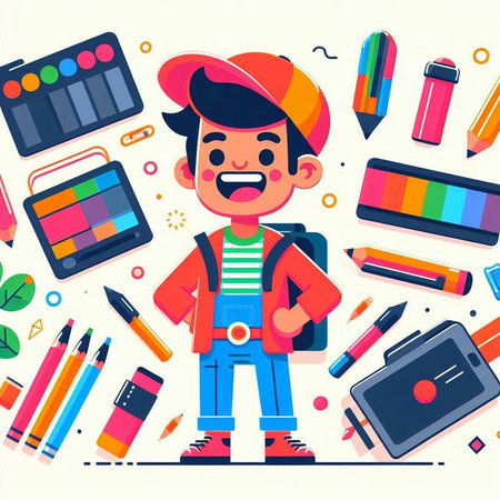 Back to school concept. Cute schoolboy with backpack and school supplies. Vector illustrationのイラスト素材