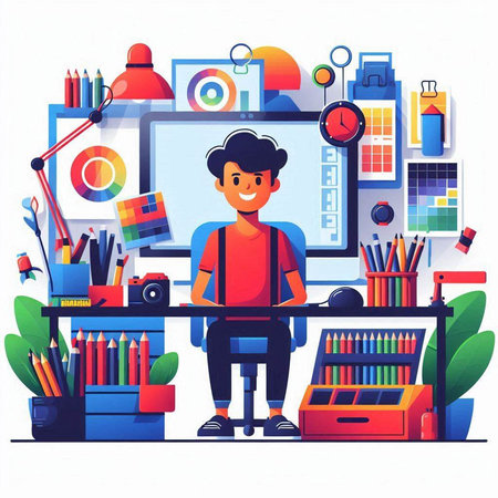 Young man working on computer. Freelance, remote work concept. Vector illustration in flat styleのイラスト素材
