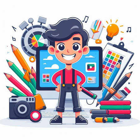Vector illustration of a cute schoolboy on the background of a computer screen with a set of school suppliesのイラスト素材