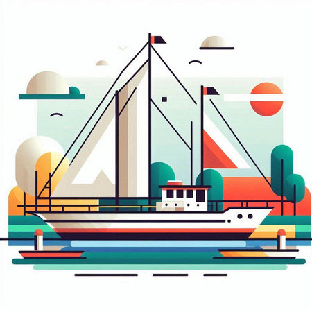 Sailing boat on the river. Vector illustration in flat style.のイラスト素材