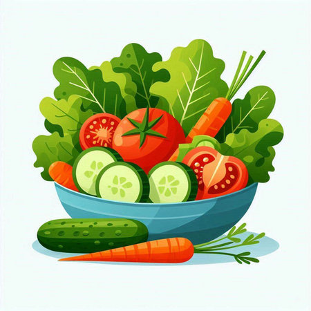 Vegetables in a bowl. Vector illustration in flat style.のイラスト素材