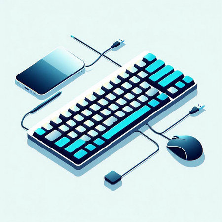 Computer keyboard and mouse on blue background, 3d illustration, vector.のイラスト素材