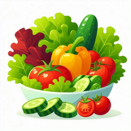 Vegetable salad in bowl isolated on white background. Vector illustration.のイラスト素材
